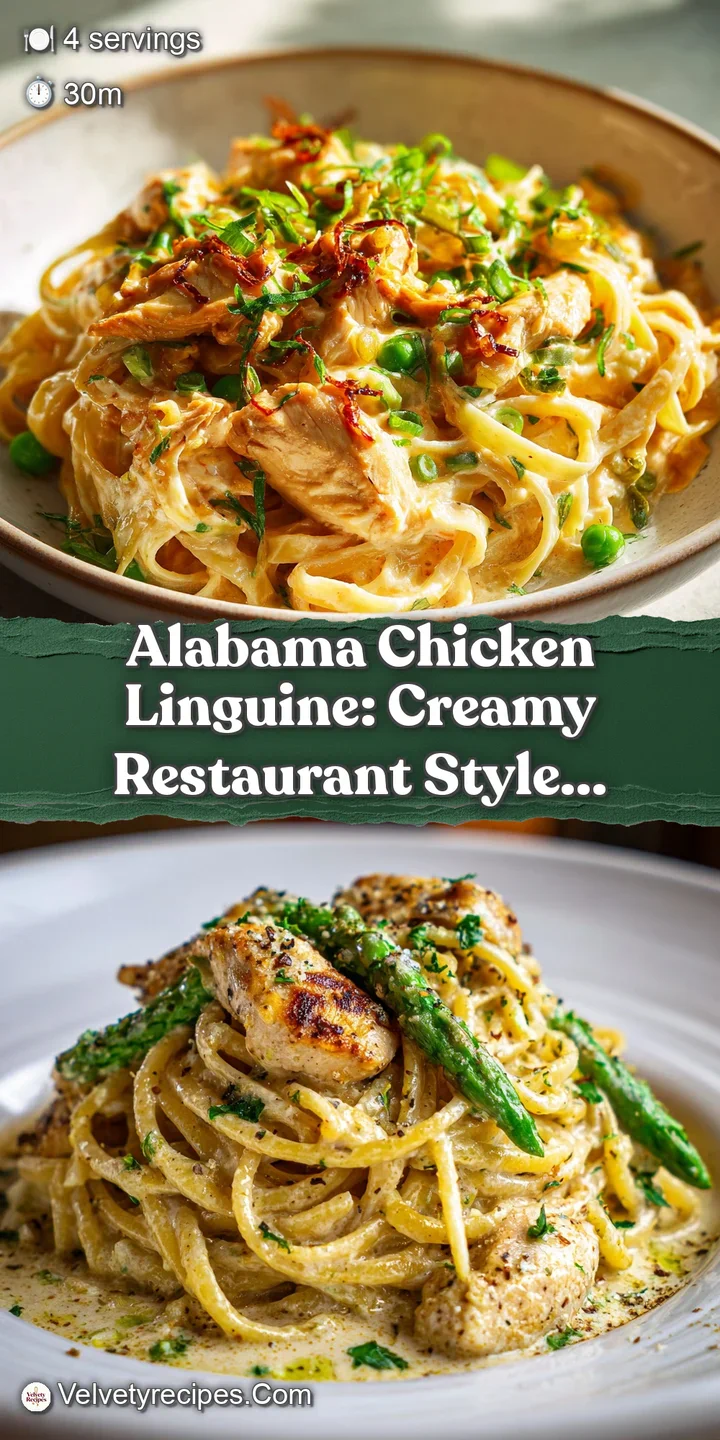 Close-up of creamy linguine with juicy chicken pieces, glistening sauce, and a sprinkle of green herbs for a tempting bite.
