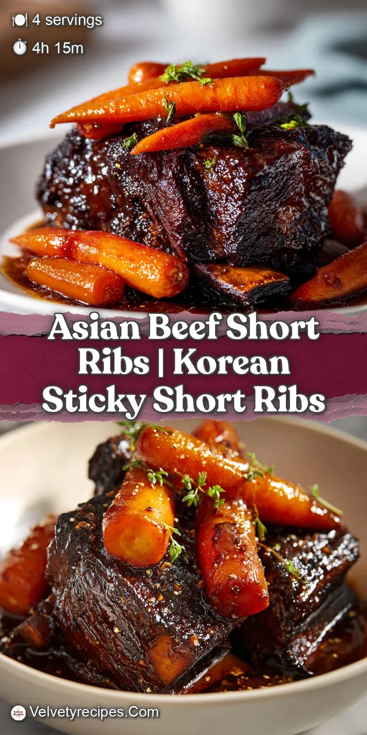 Macro shot of juicy, caramel-colored beef ribs showing a rich, sticky texture and a garnish of fresh green herbs.