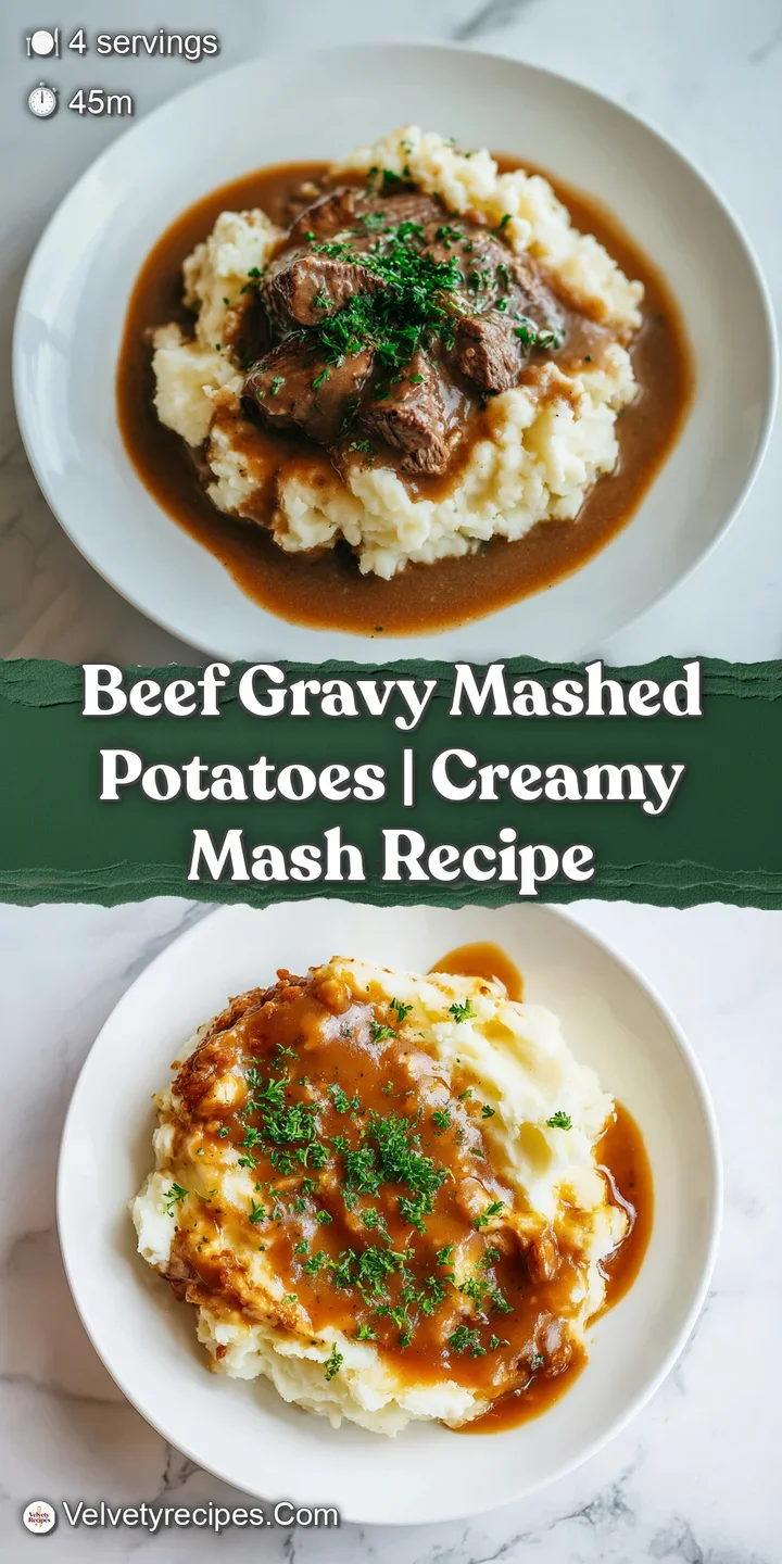 Close-up reveals the velvety texture of gravy blanketing soft potatoes. Steam rises, promising savory comfort.