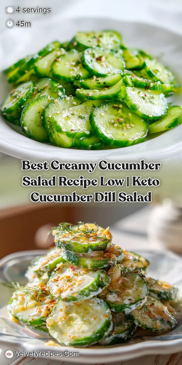 Close-up of thinly sliced cucumbers coated in a luscious, creamy dressing, with flecks of green herbs.