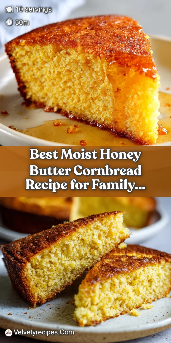 Close-up showcasing the golden crust and porous interior of honey butter cornbread, with a glistening sheen that evokes wa...