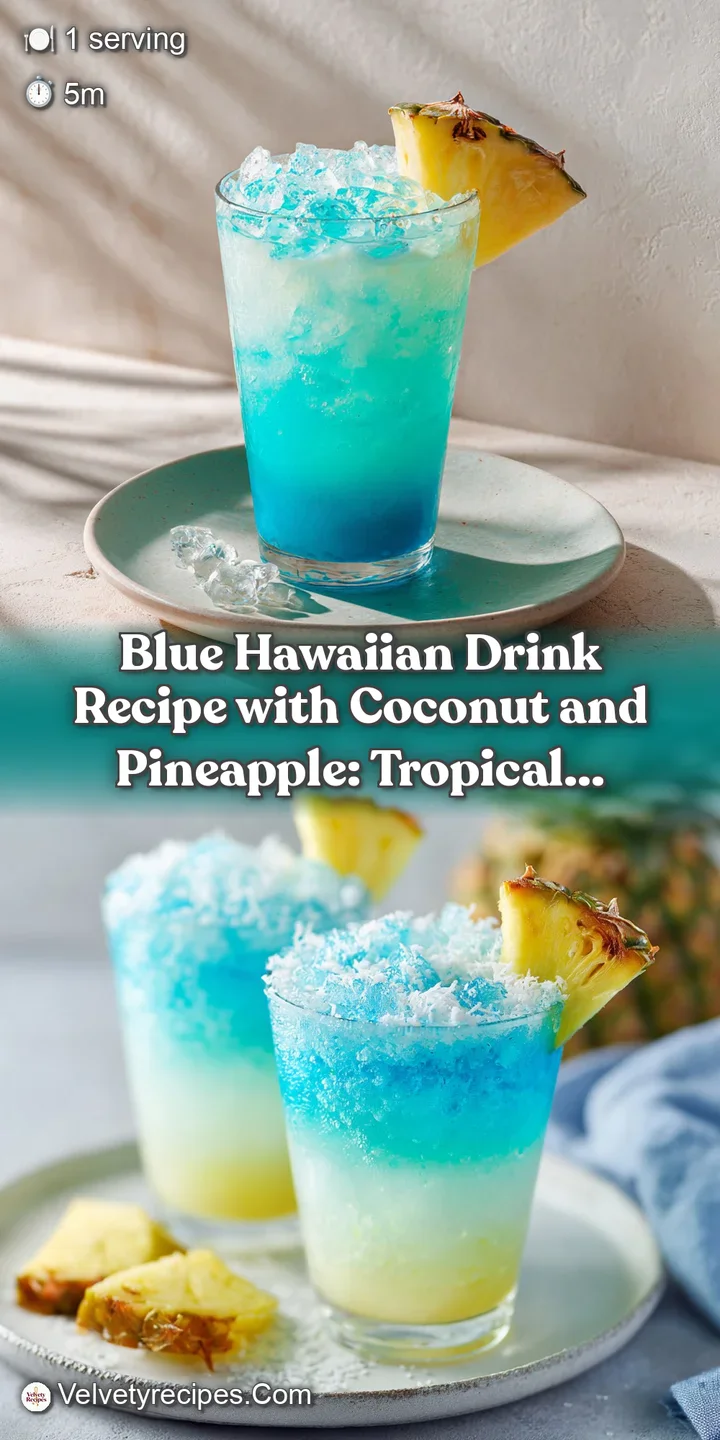 Close-up of a frosty blue cocktail with frothy coconut cream. Glistening pineapple and cherry add refreshing visual appeal.