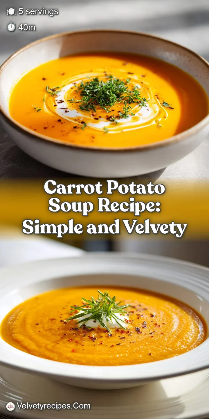 Close-up of the vibrant, smooth texture of carrot potato soup, steam rising gently, hinting at warmth and savory flavors.
