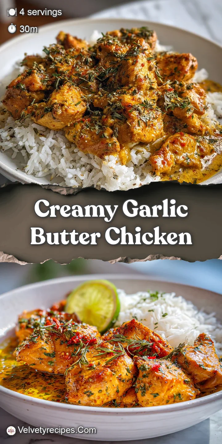Close-up reveals tender chicken in a rich, buttery sauce; flecks of garlic and herbs create a mouthwatering, appetizing im...