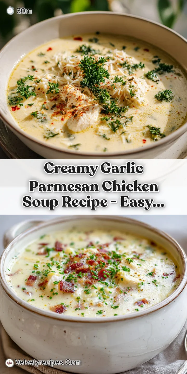 Close-up of rich, creamy chicken soup with visible garlic and parmesan. Steam rises, hinting at warmth and comforting flavor.