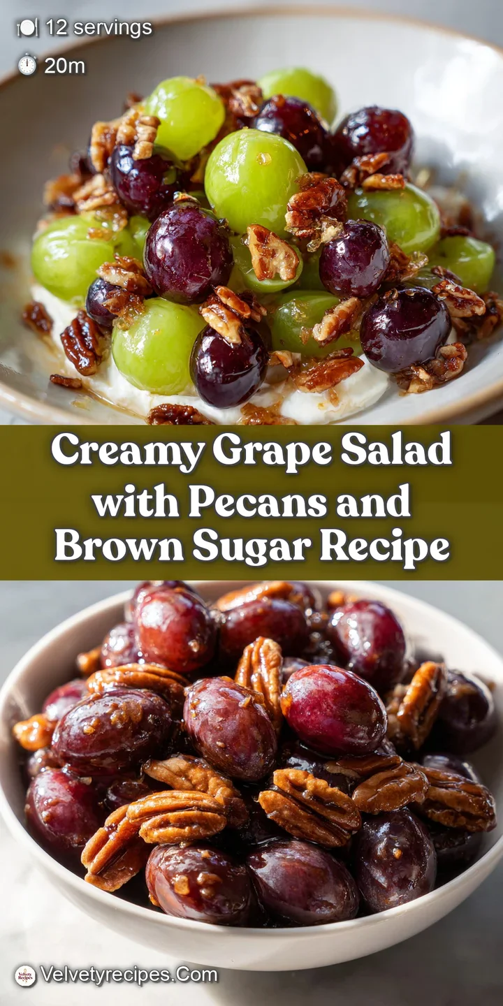 Close-up of plump, juicy green grapes coated in a sweet, creamy sauce and sprinkled with pecans. A refreshing and delightf...