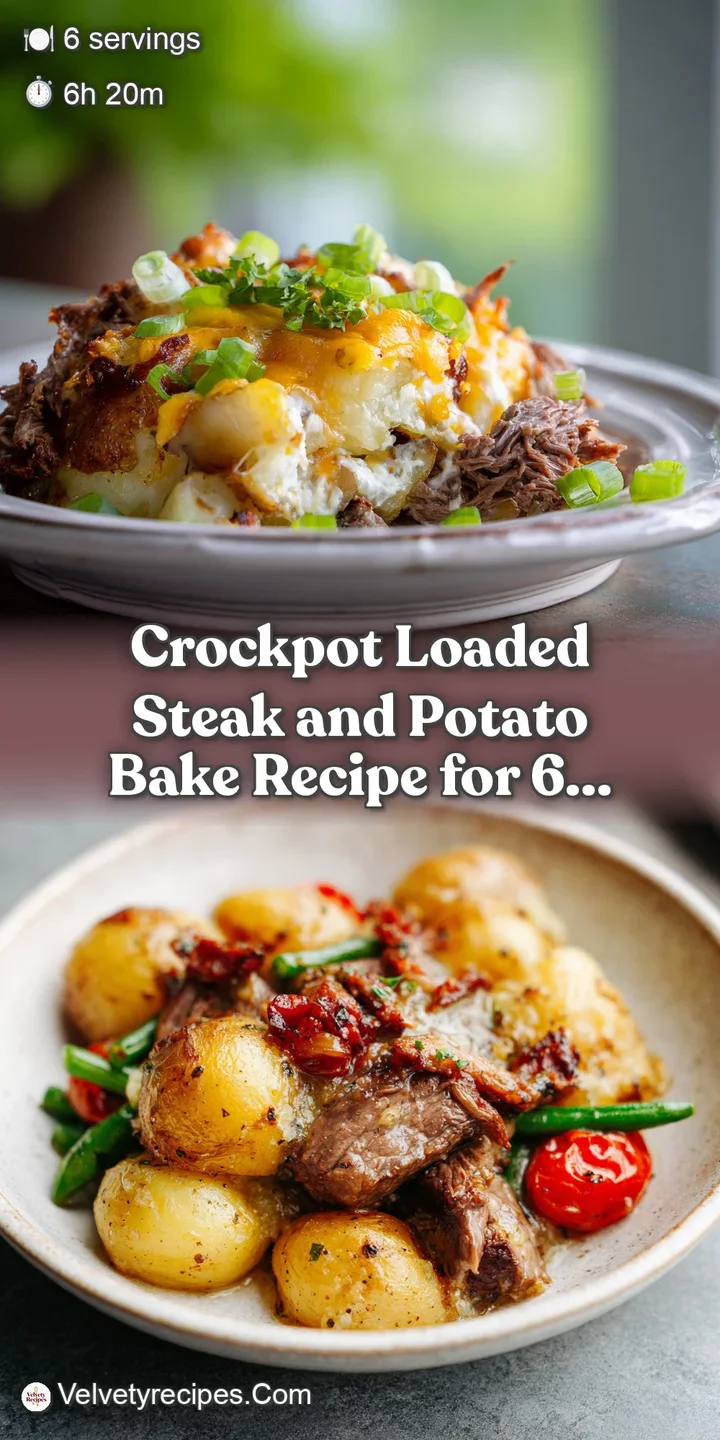 Close-up of a fork lifting a juicy piece of steak from a cheesy, creamy potato bake, showing the textural richness of the ...