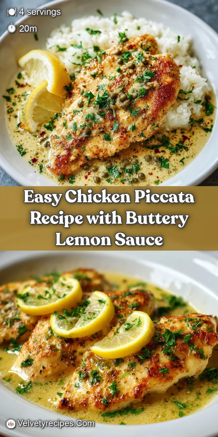 Close-up of chicken piccata: A juicy, pan-fried chicken cutlet glistening in a vibrant, buttery lemon-caper sauce. Hints o...