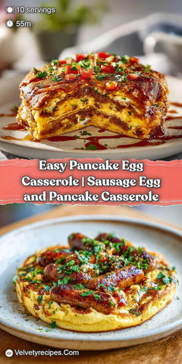 Close-up shot of pancake casserole reveals layers of fluffy pancakes, browned sausage, and gooey melted cheese.