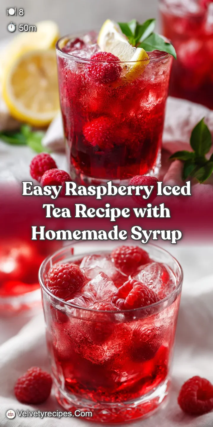 Close-up of frosty raspberry iced tea, showcasing plump, juicy raspberries. The drink's vibrant color and refreshing textu...