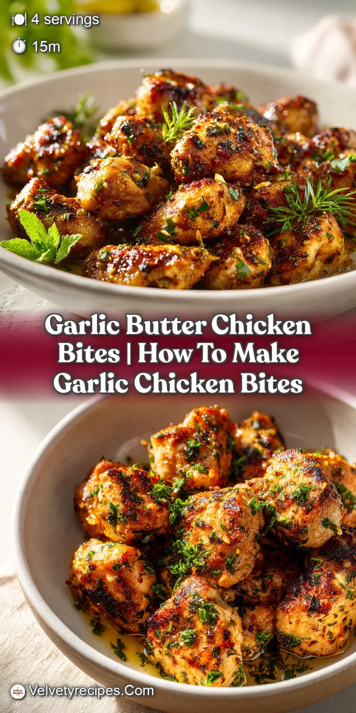 Close-up of tender chicken bites, golden-brown and coated in a glossy garlic butter sauce.