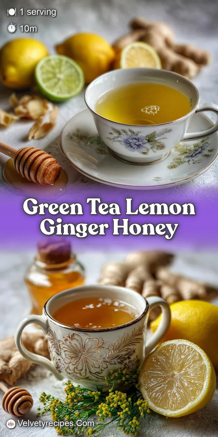 Close-up of honey swirling into vivid green tea, with bright ginger slices and lemon wedges catching the light; inviting w...
