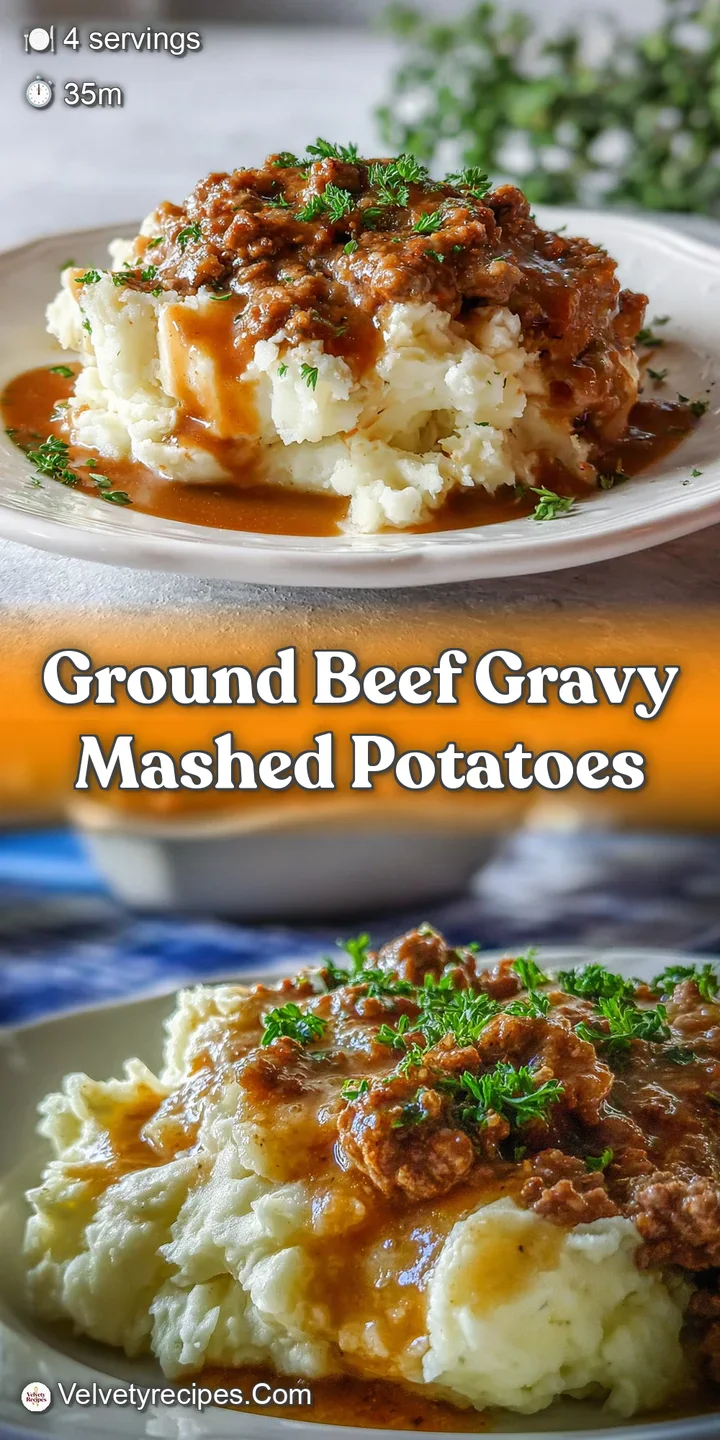 Close-up shot of glistening, savory ground beef gravy ladled over a mound of soft, steaming mashed potatoes.