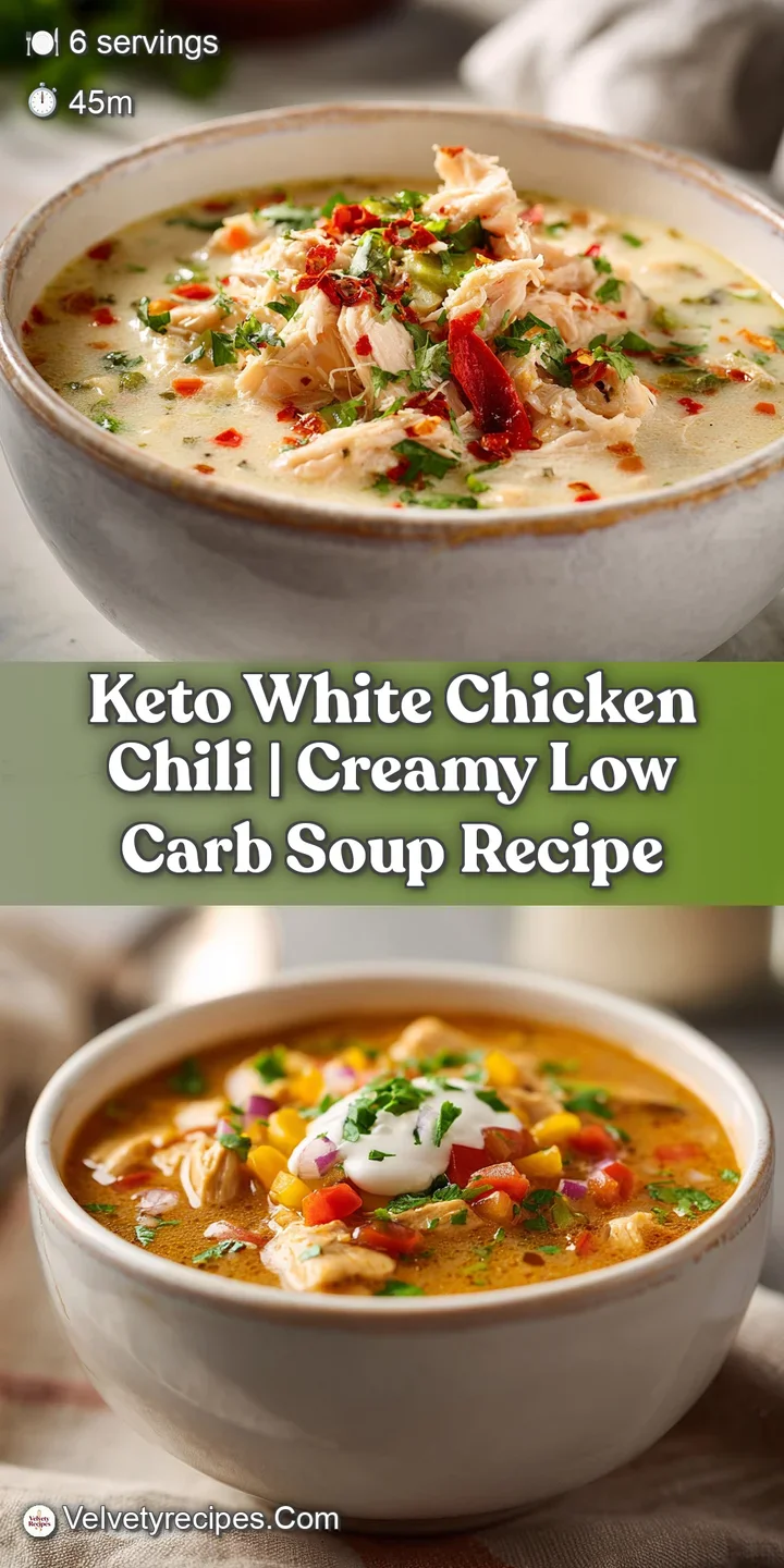 Close-up view of thick, creamy white chicken chili, highlighting tender chicken and soft beans, with a vibrant green cilan...