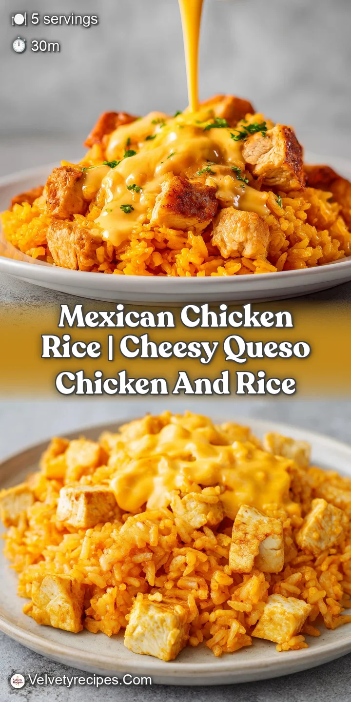 Close-up of fluffy, orange-tinted rice mixed with juicy chicken bits, melted cheese, and bright red peppers.