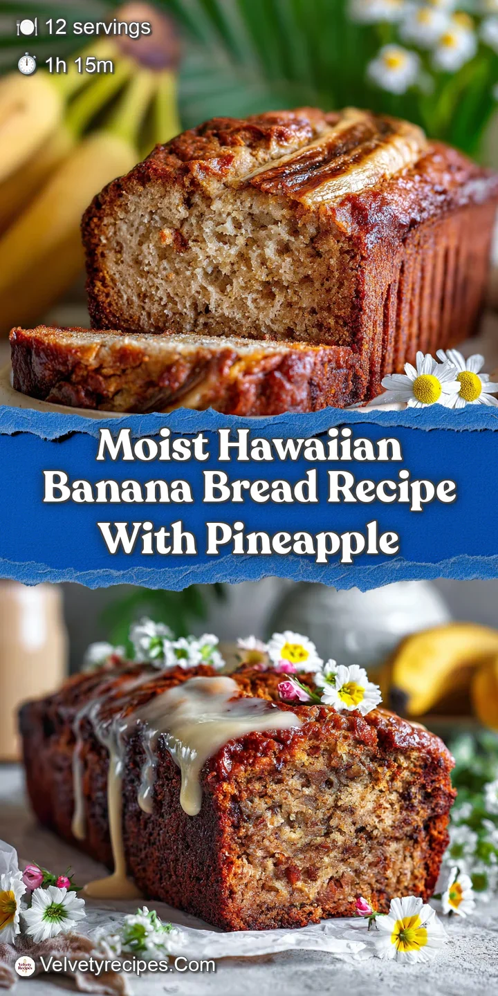 Close-up of moist Hawaiian banana bread reveals the dark, caramelized crust and soft, fluffy interior dotted with sweet ba...