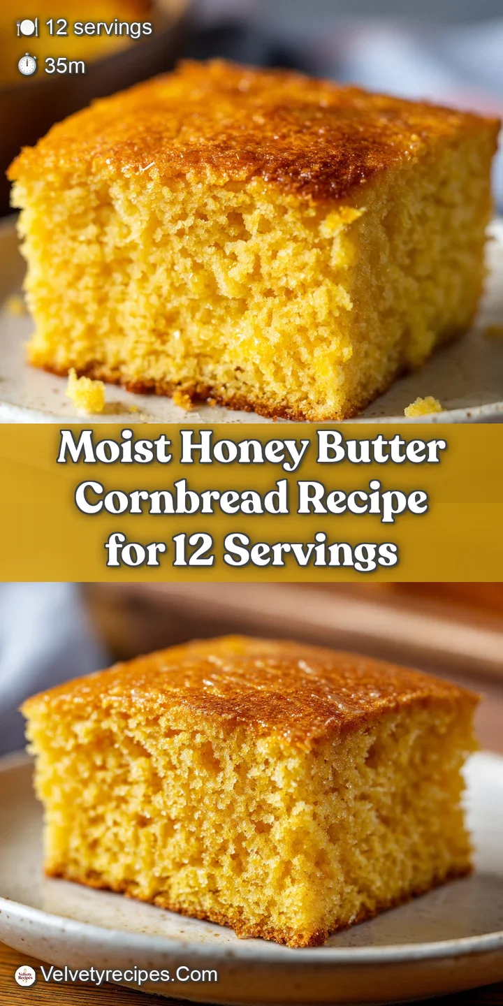 Close-up captures the moist, tender crumb of honey cornbread, with melted butter pooling in the small, delicious crevices.