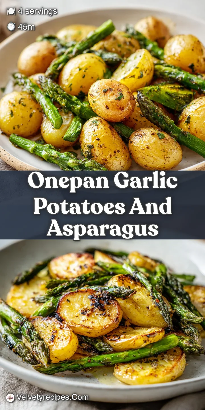 Close-up of golden, crispy roasted potatoes and tender asparagus spears, glistening with oil and aromatic garlic flecks.