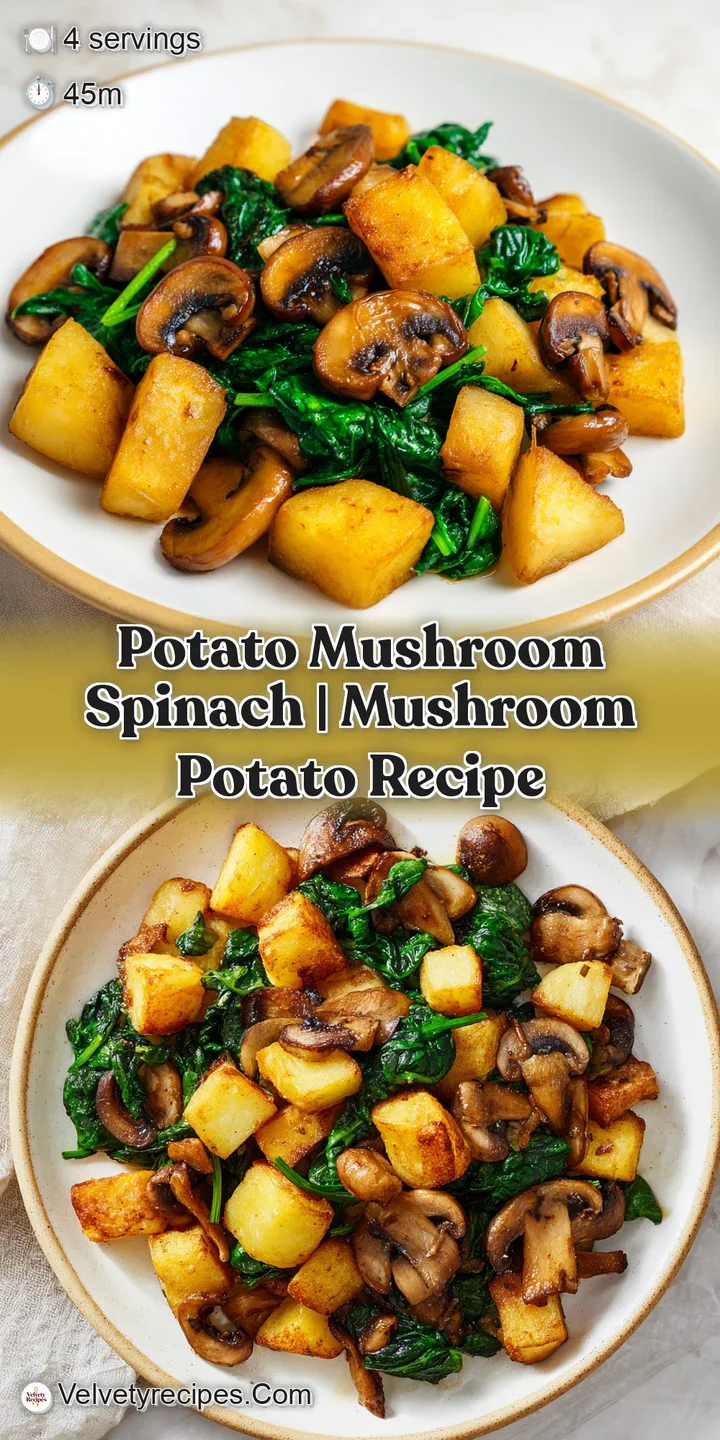 Close-up of glistening brown mushrooms and tender green spinach leaves entwined with crispy, golden-brown potato chunks.