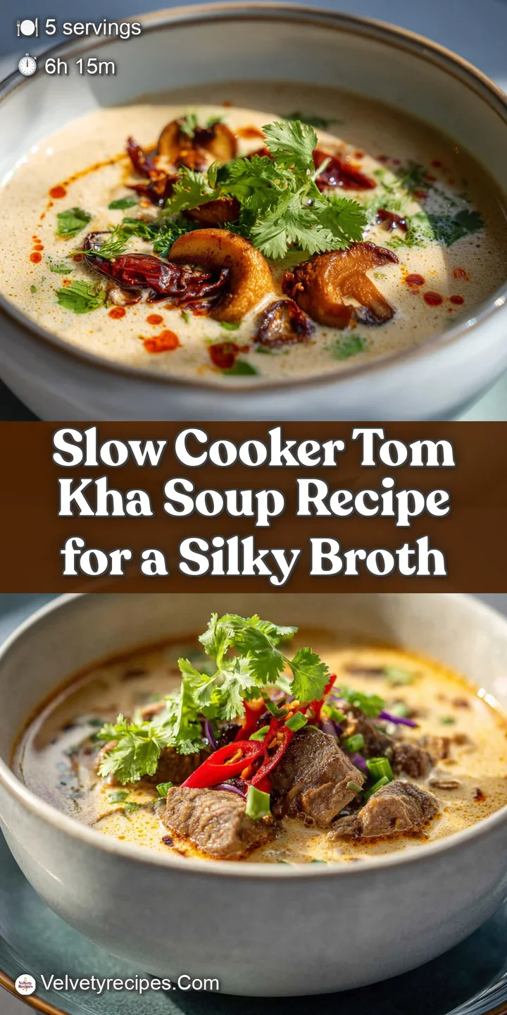 Close-up of rich, coconut milk-infused Tom Kha soup, showcasing the lemongrass, galangal, and chili pepper pieces.