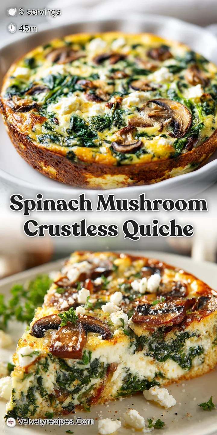 Close-up of a crustless quiche, showing creamy filling with spinach and mushrooms. Golden baked top with slight browning. ...