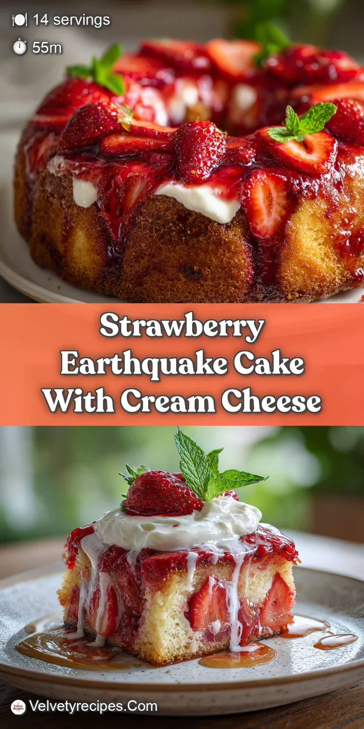 Close-up shows a luscious strawberry earthquake cake's gooey interior; fresh strawberry and creamy swirls create an irresi...