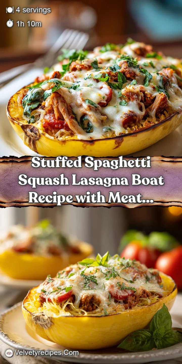 Close-up reveals the stringy texture of spaghetti squash mingled with gooey cheese and a glistening, savory tomato sauce.