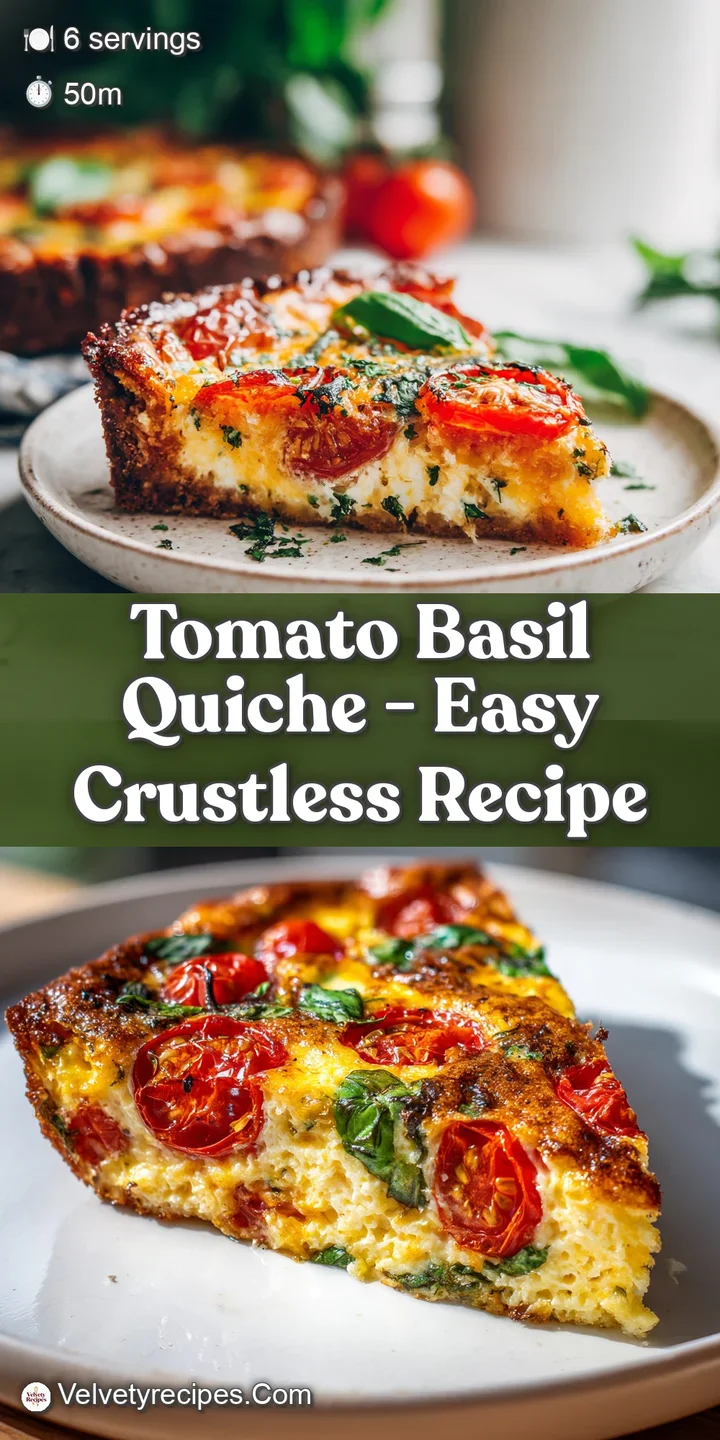 Close-up of tomato basil quiche featuring juicy tomatoes, fresh basil, and a perfectly baked crust, radiating warmth and f...