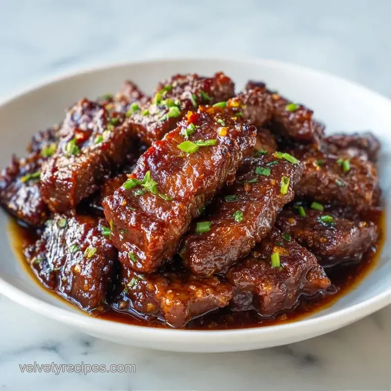 Sliced beef and vibrant vegetables elegantly plated in a bowl, garnished with fresh sliced green onions.