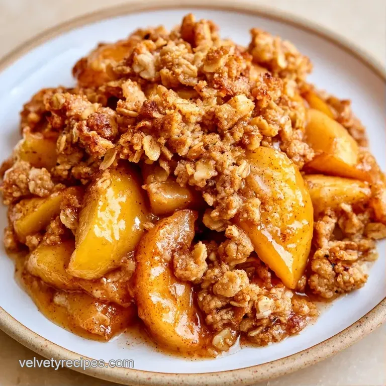 A scoop of melting vanilla ice cream resting on a warm apple crumble served in a white ceramic ramekin
