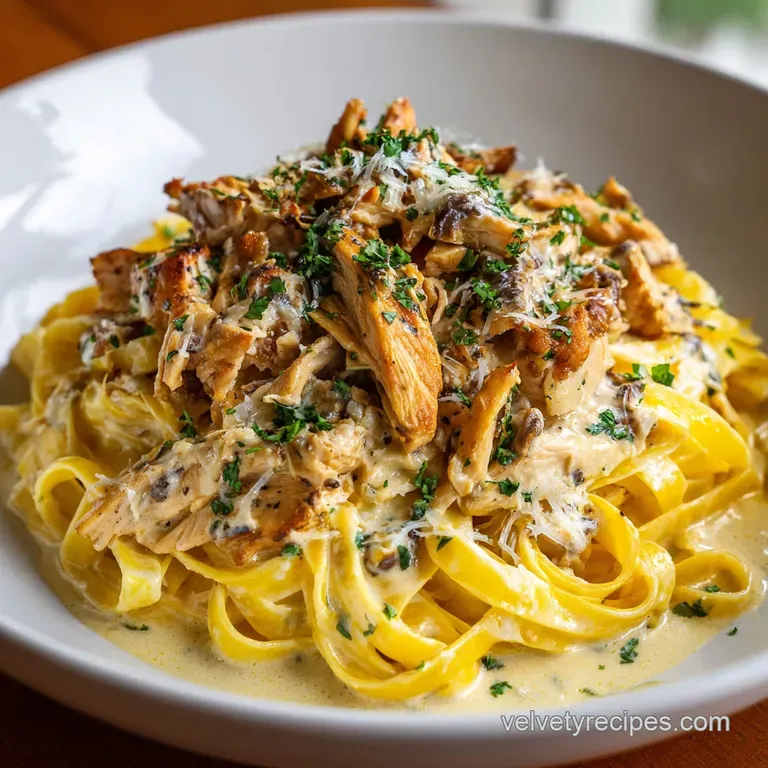 Plated linguine with tender chicken, bathed in a creamy sauce and sprinkled with fresh parsley, inviting and delicious.