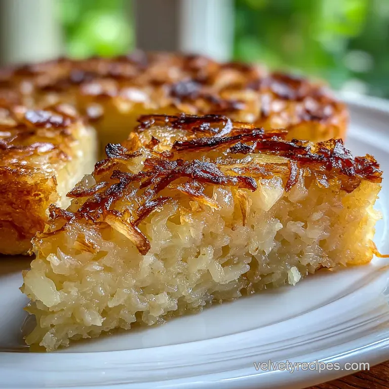 A slice of warm onion cake with browned edges, topped with rich sour cream, served on a white plate. Comfort food perfection.