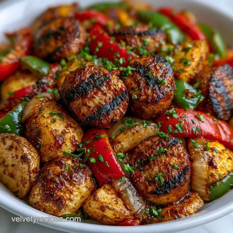 Elegant plating of browned sausage rounds and colorful roasted vegetables garnished with fresh chopped parsley.
