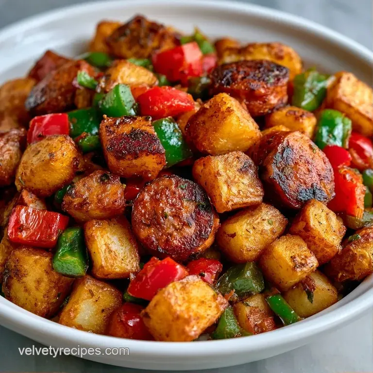 Sliced spicy sausage and crispy potato cubes garnished with fresh parsley on a clean, white ceramic platter.