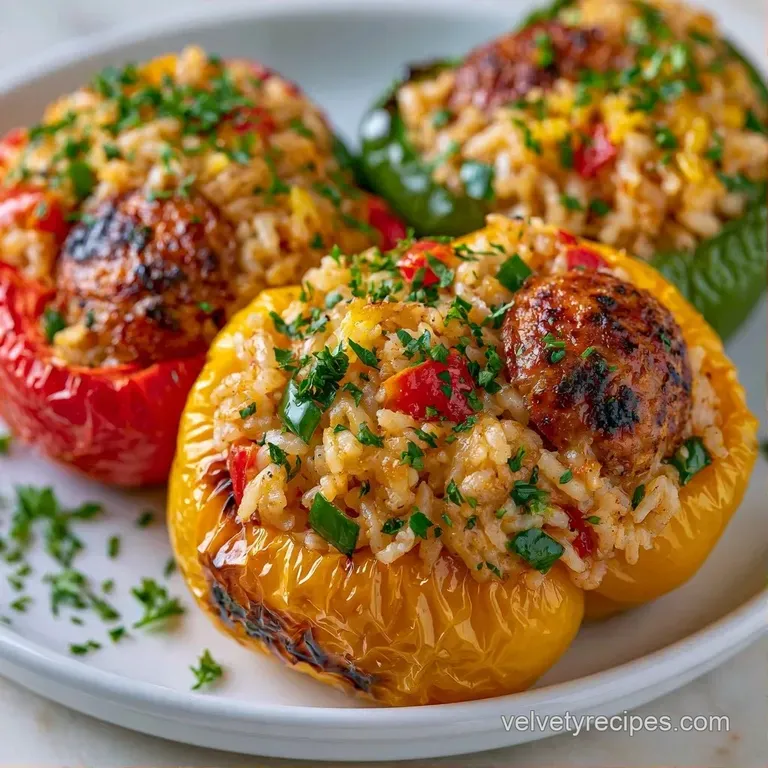 Two charred bell peppers on a white ceramic plate, garnished with sliced scallions and a drizzle of spicy sauce.