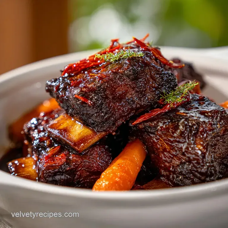 Tender meat falling off the bone on a white plate, accented by vibrant green herbs and a sprinkle of white sesame.