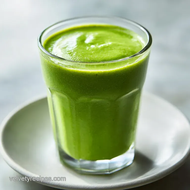 Vibrant green smoothie in a tall glass, adorned with banana slices and almonds, presented against a bright, airy backdrop.