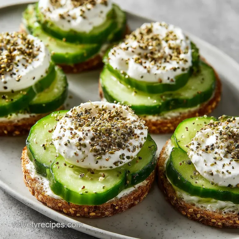 A white ceramic platter featuring toasted bagel rounds topped with crisp cucumber slices and creamy white spread.