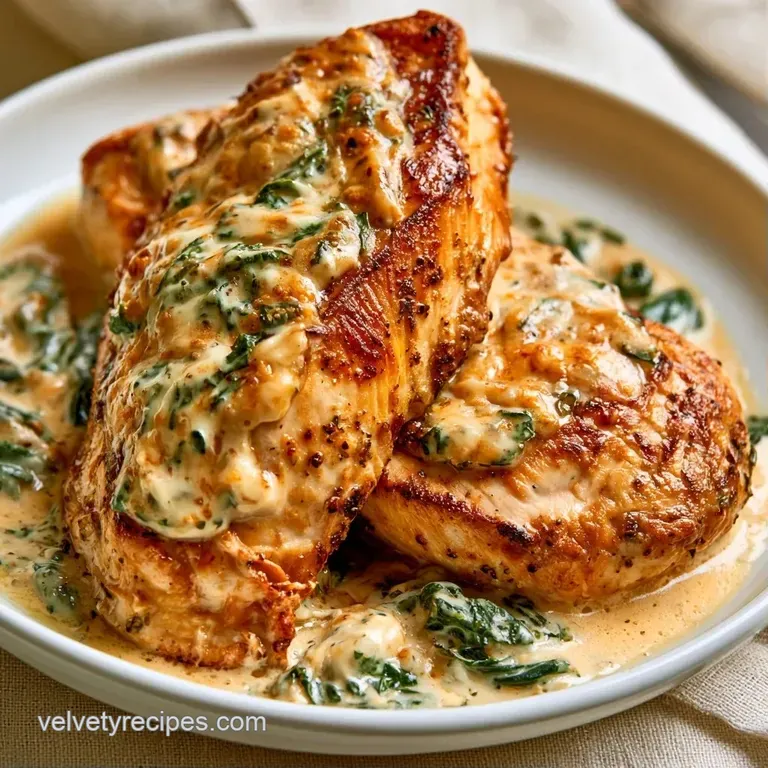 Sliced juicy chicken breast atop a white ceramic plate, drizzled with cream sauce and garnished with green herbs.