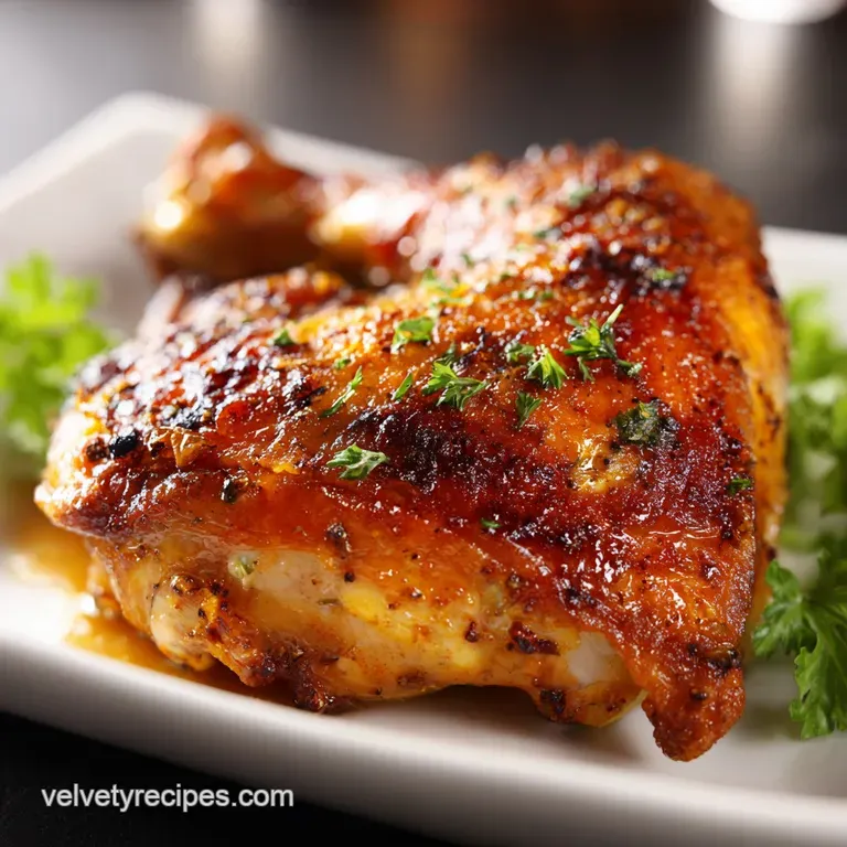 Juicy chicken leg quarter, perfectly roasted, sits atop fluffy mashed potatoes with a side of greens.