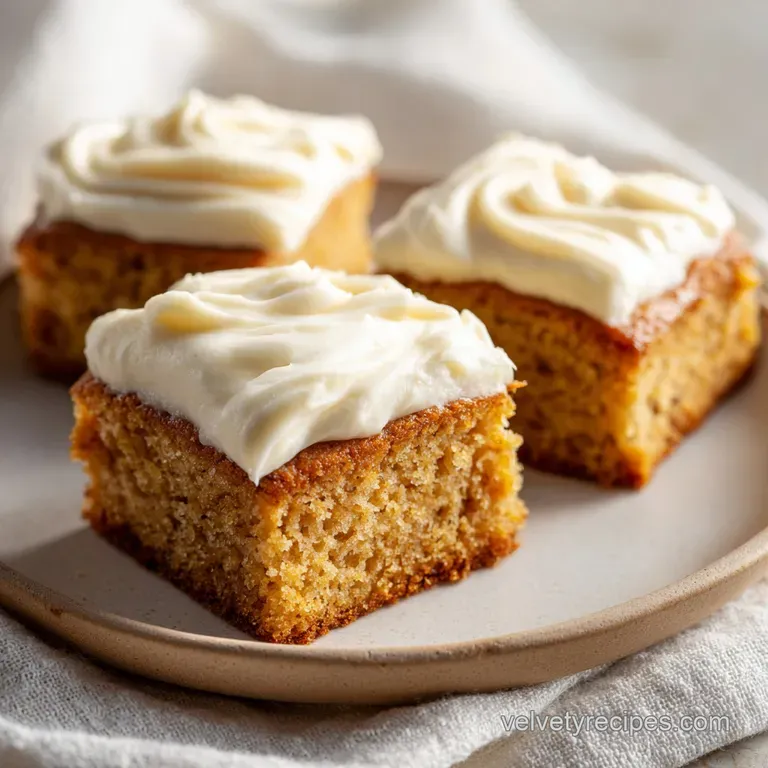 A single square of moist cake topped with a swirl of frosting and a fresh banana slice on a white ceramic plate.