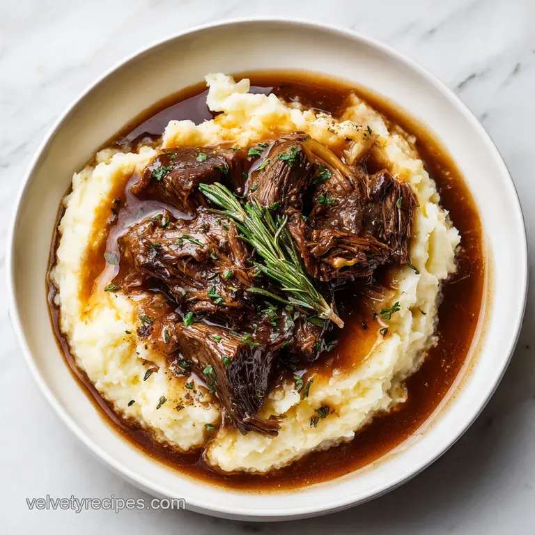 Creamy mound of mashed potatoes swimming in deep brown gravy, garnished with parsley, served on a white plate.
