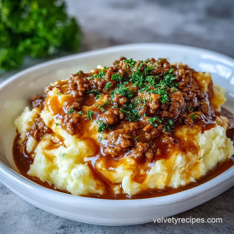 Fluffy mashed potatoes artfully swirled with a generous ladle of savory ground beef gravy, garnished with parsley.