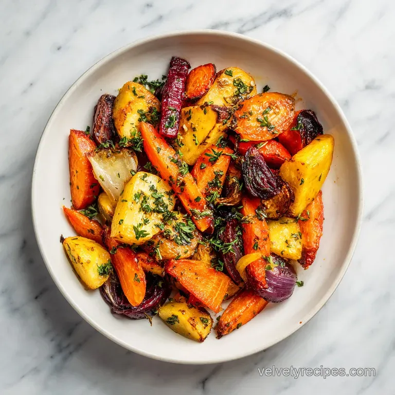 Elegant plate of glistening roasted root vegetables, drizzled with balsamic, artfully arranged with fresh herbs, suggestin...