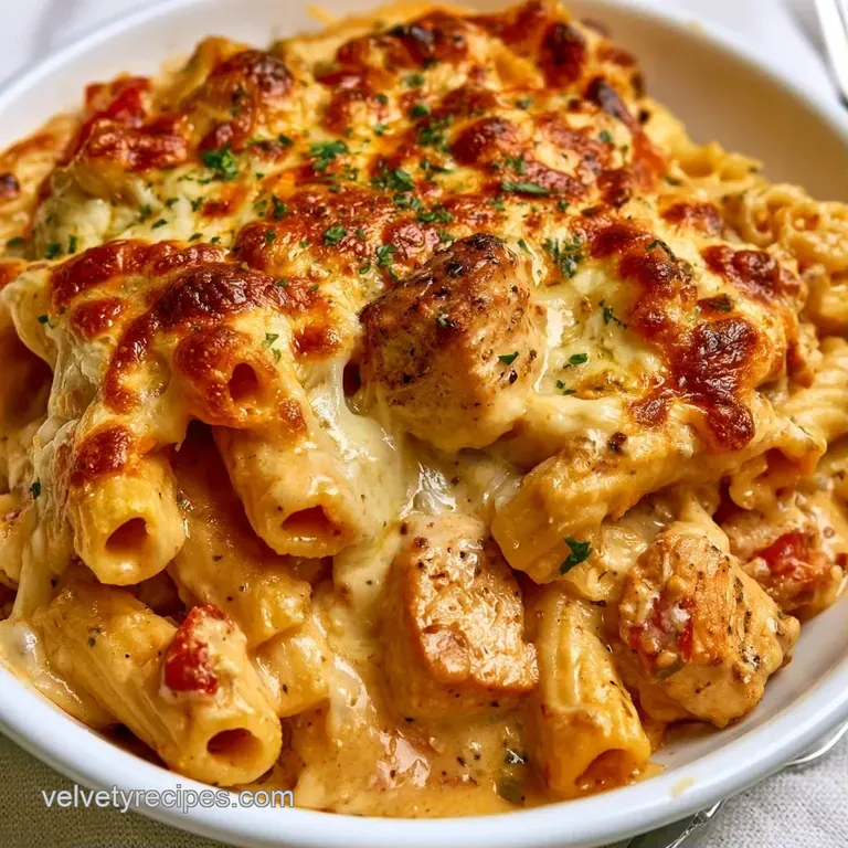 A portion of creamy pasta with tender chicken on a white plate, topped with bubbly cheese and a sprig of basil.
