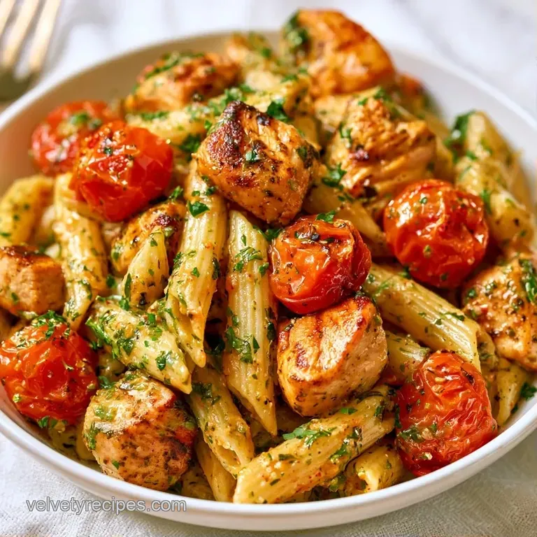 Elegant swirl of creamy pasta topped with roasted red tomatoes and fresh herbs on a matte ceramic plate.