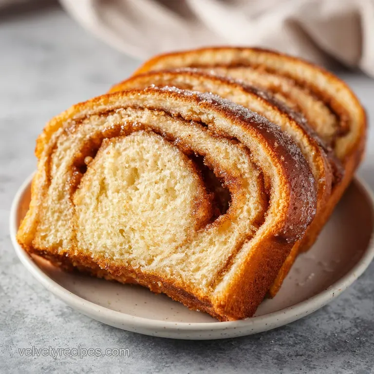 A thick slice of swirled cinnamon loaf on a white ceramic plate, finished with a light dusting of powdered sugar.