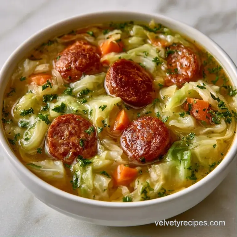 Steaming rustic bowl of savory stew with sliced browned sausage and softened cabbage, set on a wooden table.