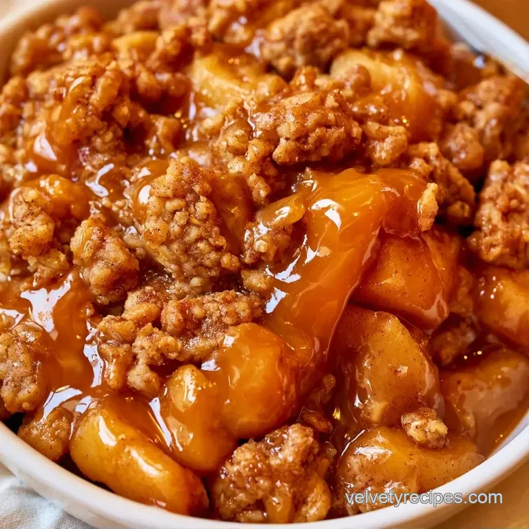 A scoop of vanilla bean ice cream melting over warm, cinnamon-spiced apples and a buttery, toasted oat crumble.