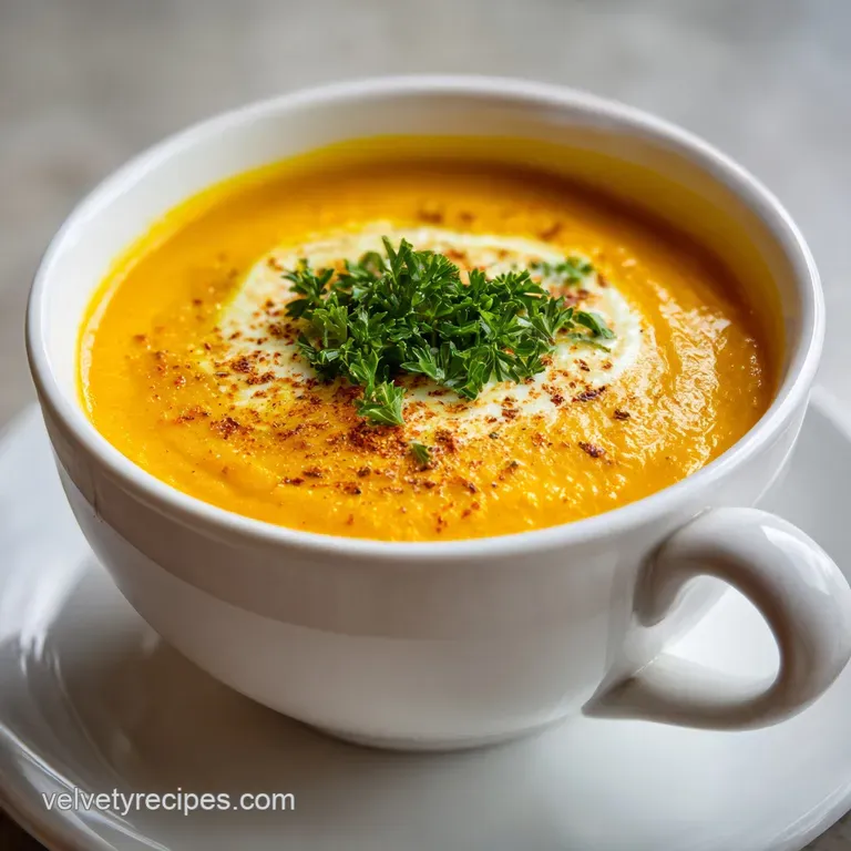 Creamy orange soup artfully ladled into a white bowl, topped with a swirl of cream and a sprinkle of fresh chives.